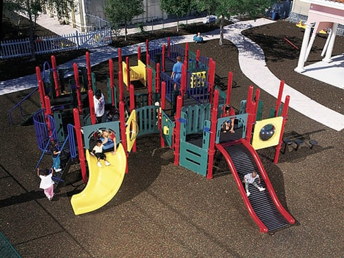 aerial shot of a red and yellow colored park